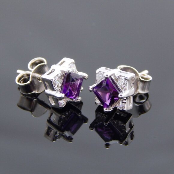 Genuine Amethyst Cushion Cut Earrings in 925 Sterling Silver - Picture 5 of 6